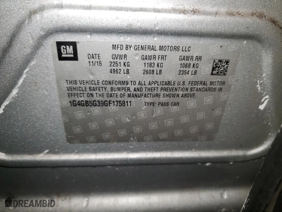 2016 Buick LaCrosse Leather with VIN 1G4GB5G39GF175811, listed as a Copart auction lot 45970125 with 0 mi miles and Salvage Title. Bid and sale history available at carsss.com. Image 12.