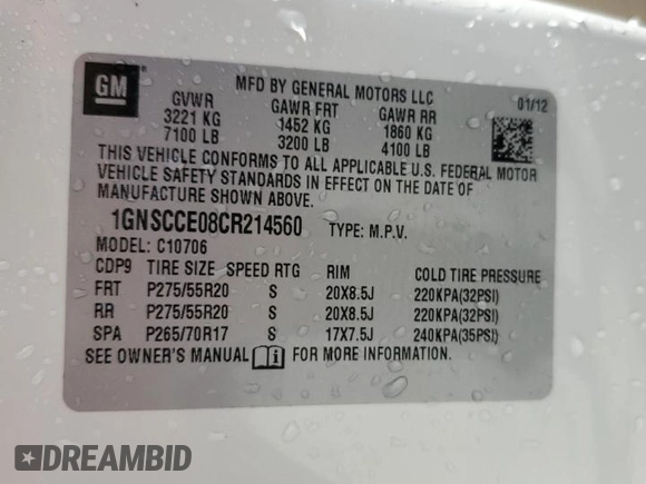 2012 Chevrolet Tahoe LTZ with VIN 1GNSCCE08CR214560, listed as a Copart auction lot 44723175 with 137,489 mi miles and Salvage title. Bid and sale history available at DreamBid. Image 13.
