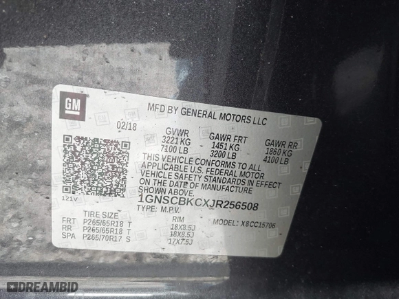 2018 Chevrolet Tahoe LT with VIN 1GNSCBKCXJR256508, listed as a IAAI auction lot 41472837 with 92,203 mi miles. Bid and sale history available at carsss.com. Image 9.