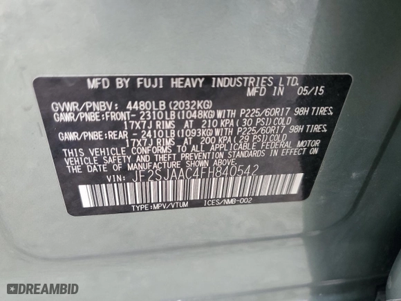 2015 Subaru Forester 2.5i with VIN JF2SJAAC4FH840542, listed as a Copart auction lot 51063785 with 89,555 mi miles and Salvage Title. Bid and sale history available at carsss.com. Image 13.