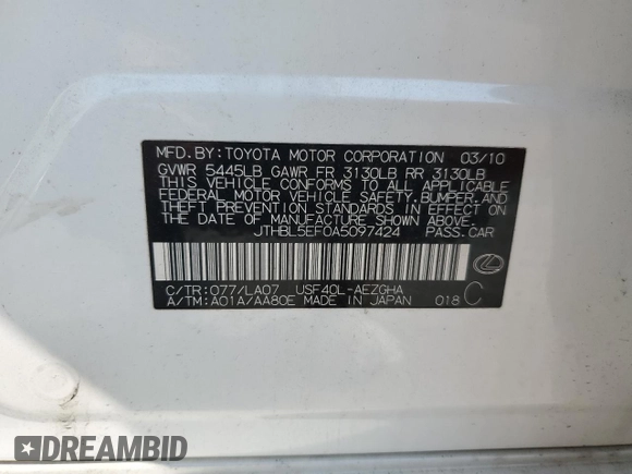 2010 Lexus LS 460 z VIN JTHBL5EF0A5097424, wystawiony jako Copart lot #59780325 z przebiegiem Nie podano mil oraz Szkoda całkowita • Salvage title. Historia ofert i sprzedaży dostępna na DreamBid. Obrazek 12.