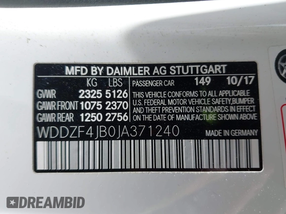 2018 Mercedes-Benz E 300 with VIN WDDZF4JB0JA371240, listed as a IAAI auction lot 42061937 with 66,167 mi miles and . Bid and sale history available at DreamBid. Image 9.