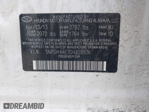 2013 Hyundai Elantra GLS z VIN 5NPDH4AE7DH328536, wystawiony jako IAAI lot #42138081 z przebiegiem 105 199 mil mil oraz . Historia ofert i sprzedaży dostępna na DreamBid. Obrazek 9.