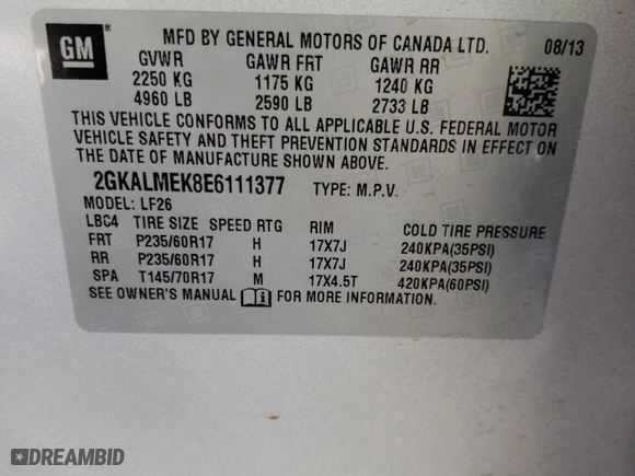 2014 GMC Terrain SLE with VIN 2GKALMEK8E6111377, listed as a Copart auction lot 50489955 with 75,180 mi miles and Salvage Title. Bid and sale history available at carsss.com. Image 15.