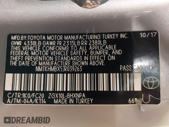 2018 Toyota C-HR XLE z VIN NMTKHMBX5JR039263, wystawiony jako IAAI lot #42265976 z przebiegiem 88 253 mil mil oraz . Historia ofert i sprzedaży dostępna na DreamBid. Obrazek 9.