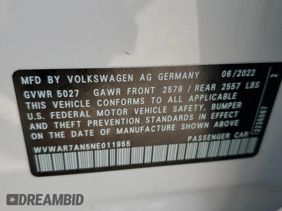 2022 Volkswagen Arteon SEL R-Line z VIN WVWAR7AN5NE011955, wystawiony jako Copart lot #39277083 z przebiegiem 2 808 mil mil oraz . Historia ofert i sprzedaży dostępna na DreamBid. Obrazek 13.