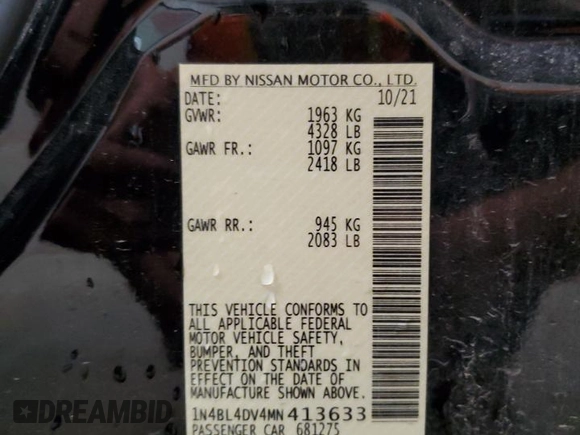 2021 Nissan Altima SV with VIN 1N4BL4DV4MN413633, listed as a Copart auction lot 56071345 with 71,458 mi miles and Clean title. Bid and sale history available at DreamBid. Image 12.