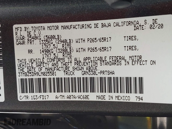 2020 Toyota Tacoma SR5 with VIN 3TMBZ5DN9LM025501, listed as a IAAI auction lot 42680028 with 109,404 mi miles and . Bid and sale history available at DreamBid. Image 9.