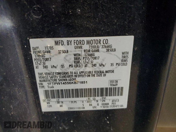 2006 Ford F-150 XLT с VIN 1FTPW14556KB71851, выставлен на аукционе Copart как лот 50509985 с пробегом Не указан миль и Списание • Salvage title. История ставок и продаж доступна на DreamBid. Изображение 12.