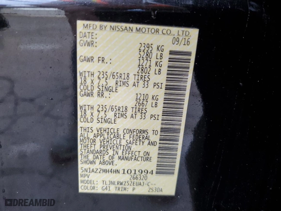 2017 Nissan Murano SL with VIN 5N1AZ2MH4HN101994, listed as a Copart auction lot 46793185 with 107,360 mi miles and Salvage Title. Bid and sale history available at carsss.com. Image 15.