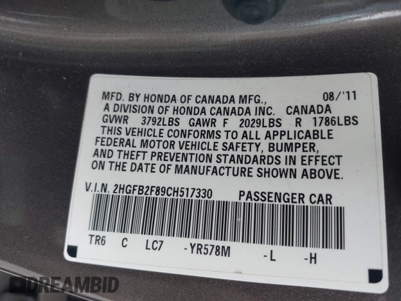 2012 Honda Civic EX with VIN 2HGFB2F89CH517330, listed as a IAAI auction lot 42116208 with 196,861 mi miles and . Bid and sale history available at DreamBid. Image 9.