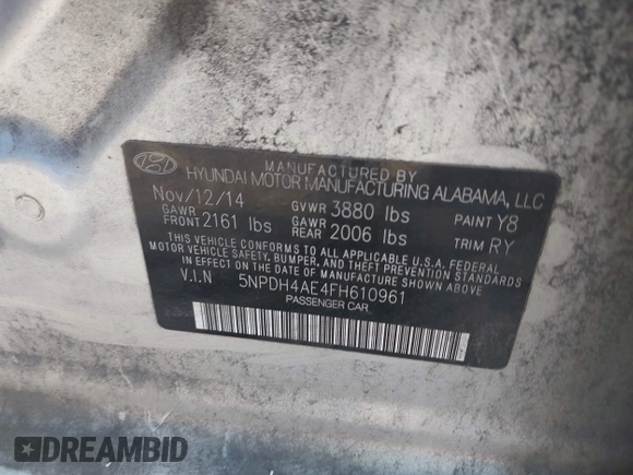 2015 Hyundai Elantra SE z VIN 5NPDH4AE4FH610961, wystawiony jako IAAI lot #42134698 z przebiegiem 72 591 mil mil oraz . Historia ofert i sprzedaży dostępna na DreamBid. Obrazek 9.