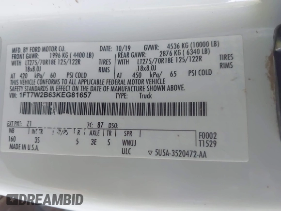 2019 Ford F-250 XL с VIN 1FT7W2B63KEG81657, выставлен на аукционе IAAI как лот 42456087 с пробегом 100 375 миль миль и . История ставок и продаж доступна на DreamBid. Изображение 8.