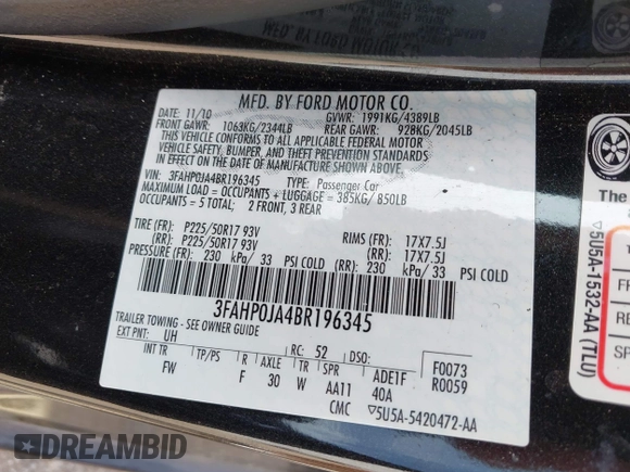 2011 Ford Fusion SEL with VIN 3FAHP0JA4BR196345, listed as a IAAI auction lot 41937921 with 87,082 mi miles. Bid and sale history available at carsss.com. Image 9.