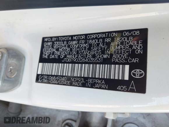 2008 Toyota Yaris with VIN JTDBT903284035531, listed as a IAAI auction lot 41591330 with 142,123 mi miles. Bid and sale history available at carsss.com. Image 9.