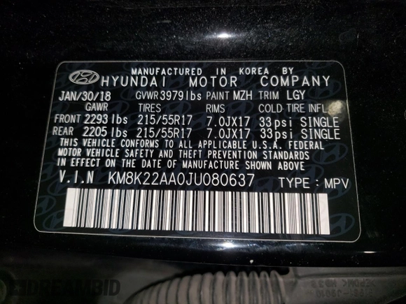 2018 Hyundai Kona SEL with VIN KM8K22AA0JU080637, listed as a Copart auction lot 37303213 with 155,502 mi miles and . Bid and sale history available at DreamBid. Image 12.