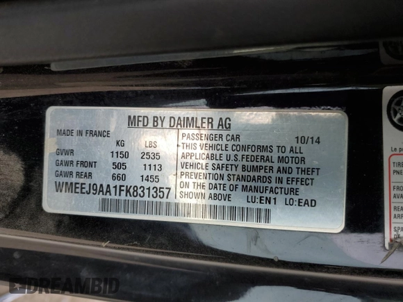 2015 Smart fortwo Passion с VIN WMEEJ9AA1FK831357, выставлен на аукционе Copart как лот 87001564 с пробегом Не указан миль и Списание • Salvage title. История ставок и продаж доступна на DreamBid. Изображение 13.