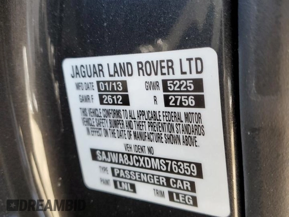 2013 Jaguar XF with VIN SAJWA8JCXDMS76359, listed as a Copart auction lot 55196914 with 85,266 mi miles and Salvage Title. Bid and sale history available at DreamBid. Image 13.