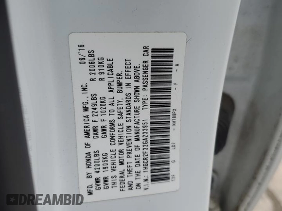 2016 Honda Accord LX with VIN 1HGCR2F32GA233951, listed as a Copart auction lot 58448354 with 125,322 mi miles and Salvage Title. Bid and sale history available at DreamBid. Image 13.