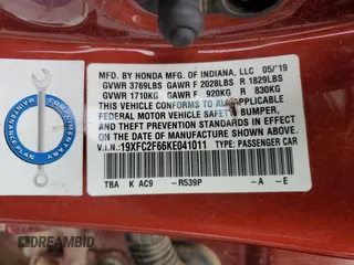 2019 Honda Civic LX with VIN 19XFC2F66KE041011, listed as a Copart auction lot 88009095 with 95,766 mi miles and Salvage Title. Bid and sale history available at DreamBid. Image 12.