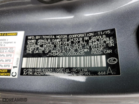 2016 Lexus RC 300 with VIN JTHSM5BC1G5000635, listed as a Copart auction lot 88128555 with 121,988 mi miles and Salvage Title. Bid and sale history available at carsss.com. Image 12.