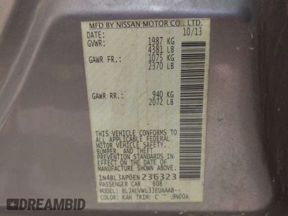 2014 Nissan Altima S with VIN 1N4BL3AP0EN236323, listed as a IAAI auction lot 42130469 with 165,009 mi miles and . Bid and sale history available at DreamBid. Image 9.