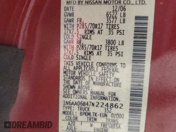 2007 Nissan Titan XE z VIN 1N6AA06B47N224862, wystawiony jako Copart lot #59058125 z przebiegiem 150 574 mil mil oraz Szkoda całkowita • Salvage title. Historia ofert i sprzedaży dostępna na DreamBid. Obrazek 12.