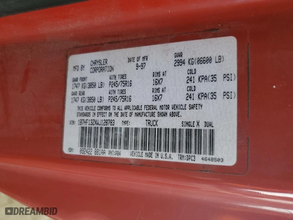 1998 Dodge Ram 1500 with VIN 1B7HF13ZXWJ128783, listed as a Copart auction lot 50028775 with 170,973 mi miles and Salvage Title. Bid and sale history available at carsss.com. Image 13.