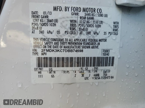 2013 Ford Edge Limited with VIN 2FMDK3KC7DBB74698, listed as a Copart auction lot 85966004 with 132,946 mi miles and Salvage Title. Bid and sale history available at carsss.com. Image 14.