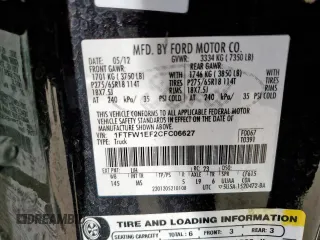 2012 Ford F-150 XL with VIN 1FTFW1EF2CFC06627, listed as a Copart auction lot 58187725 with 185,553 mi miles and Salvage title. Bid and sale history available at DreamBid. Image 12.