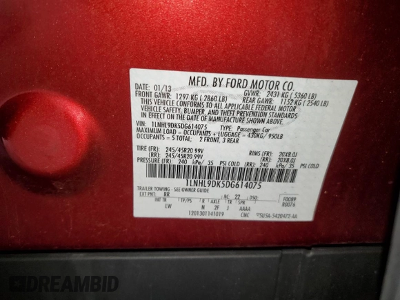 2013 Lincoln MKS with VIN 1LNHL9DK5DG614075, listed as a Copart auction lot 63933225 with 61,294 mi miles and Clean title. Bid and sale history available at DreamBid. Image 12.