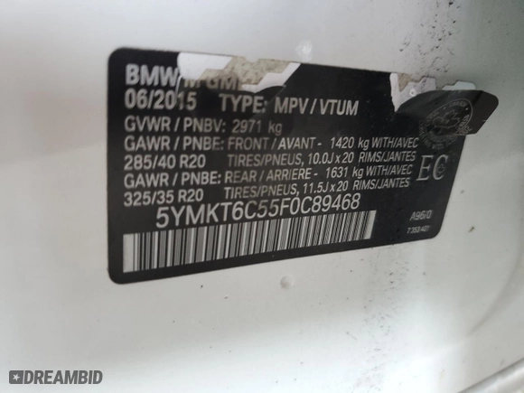 2015 BMW X5 M with VIN 5YMKT6C55F0C89468, listed as a Copart auction lot 75391074 with 0 mi miles and Salvage Title. Bid and sale history available at carsss.com. Image 15.