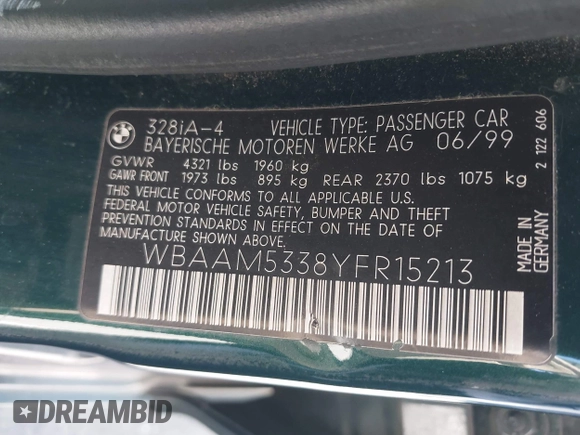 2000 BMW 3 Series 328i with VIN WBAAM5338YFR15213, listed as a IAAI auction lot 42014522 with 85,955 mi miles. Bid and sale history available at carsss.com. Image 9.