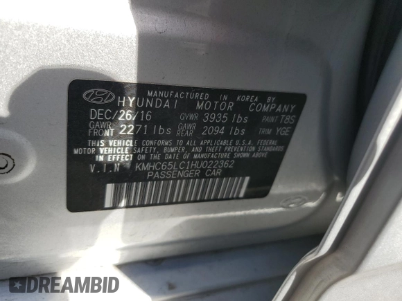 2017 Hyundai Ioniq Blue with VIN KMHC65LC1HU022362, listed as a Copart auction lot 49693105 with 102,550 mi miles and Salvage Title. Bid and sale history available at DreamBid. Image 14.