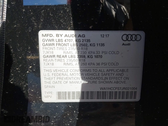 2018 Audi Q3 Premium Plus with VIN WA1HCCFS7JR021004, listed as a IAAI auction lot 41823515 with 50,650 mi miles. Bid and sale history available at carsss.com. Image 9.