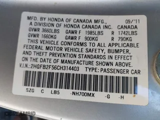 2012 Honda Civic Sdn LX with VIN 2HGFB2F56CH314403, listed as a IAAI auction lot 42079018 with 103,153 mi miles. Bid and sale history available at carsss.com. Image 9.