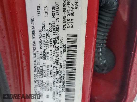 2004 Toyota Tacoma PreRunner with VIN 5TEGM92N54Z358832, listed as a Copart auction lot 59558895 with 229,796 mi miles and Salvage title. Bid and sale history available at DreamBid. Image 13.