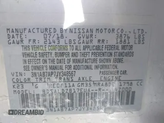 2018 Nissan Sentra S with VIN 3N1AB7AP7JY348567, listed as a IAAI auction lot 41834713 with 37,190 mi miles and . Bid and sale history available at DreamBid. Image 9.