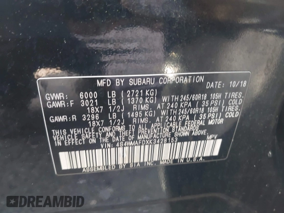 2019 Subaru Ascent Premium z VIN 4S4WMAFDXK3428153, wystawiony jako IAAI lot #42385145 z przebiegiem 109 121 mil mil oraz . Historia ofert i sprzedaży dostępna na DreamBid. Obrazek 9.