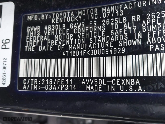 2013 Toyota Camry Hybrid LE with VIN 4T1BD1FK3DU094929, listed as a IAAI auction lot 41852028 with 334,055 mi miles. Bid and sale history available at carsss.com. Image 9.
