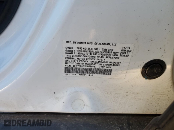 2020 Honda Pilot Touring 8-Passenger with VIN 5FNYF6H9XLB029731, listed as a Copart auction lot 45935965 with 80,691 mi miles and Salvage Title. Bid and sale history available at DreamBid. Image 15.