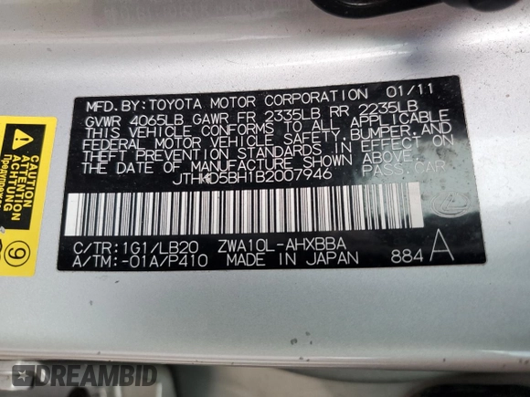 2011 Lexus CT 200h with VIN JTHKD5BH1B2007946, listed as a Copart auction lot 57855695 with 156,124 mi miles and Non repairable. Bid and sale history available at DreamBid. Image 13.
