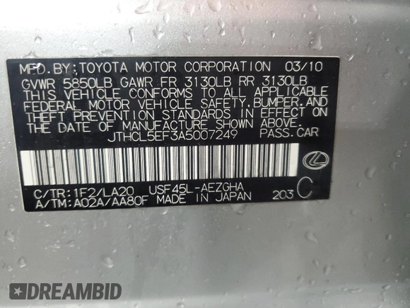 2010 Lexus LS 460 with VIN JTHCL5EF3A5007249, listed as a Copart auction lot 43432475 with 168,150 mi miles and Salvage title. Bid and sale history available at DreamBid. Image 13.