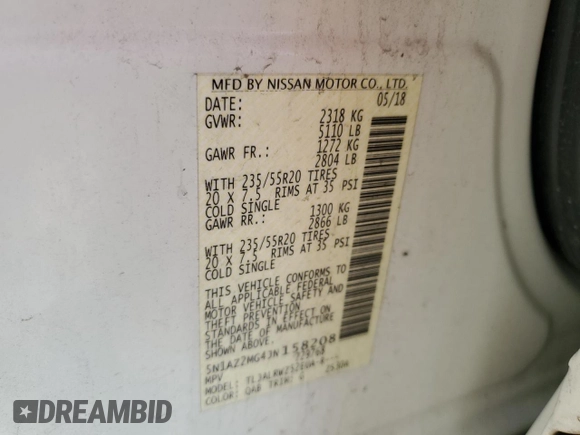 2018 Nissan Murano SV z VIN 5N1AZ2MG4JN158208, wystawiony jako Copart lot #52447825 z przebiegiem 82 285 mil mil oraz Szkoda całkowita • Salvage title. Historia ofert i sprzedaży dostępna na DreamBid. Obrazek 13.