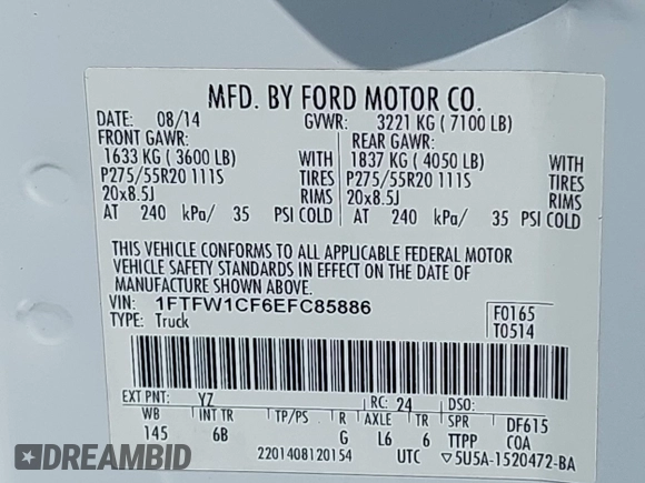 2014 Ford F-150 XL with VIN 1FTFW1CF6EFC85886, listed as a IAAI auction lot 42744465 with 162,383 mi miles and . Bid and sale history available at DreamBid. Image 9.