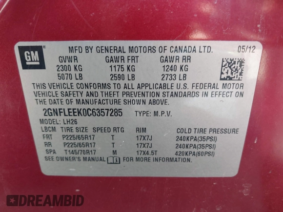 2012 Chevrolet Equinox LT w/1LT with VIN 2GNFLEEK0C6357285, listed as a IAAI auction lot 41780184 with 163,220 mi miles. Bid and sale history available at carsss.com. Image 9.