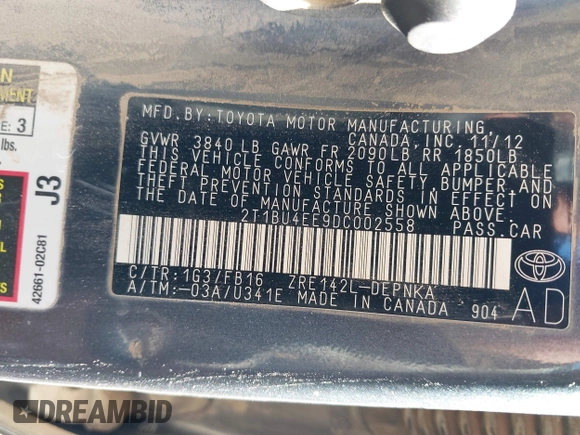 2013 Toyota Corolla L with VIN 2T1BU4EE9DC002558, listed as a IAAI auction lot 39670419 with 198,102 mi miles and . Bid and sale history available at DreamBid. Image 9.