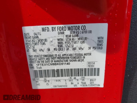 2011 Ford F-150 XL with VIN 1FTEX1CM8BKD51140, listed as a IAAI auction lot 42483828 with 118,166 mi miles and . Bid and sale history available at DreamBid. Image 9.