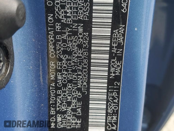 2008 Toyota Prius with VIN JTDKB20U087813424, listed as a Copart auction lot 54617375 with 177,544 mi miles and Salvage Title. Bid and sale history available at DreamBid. Image 13.