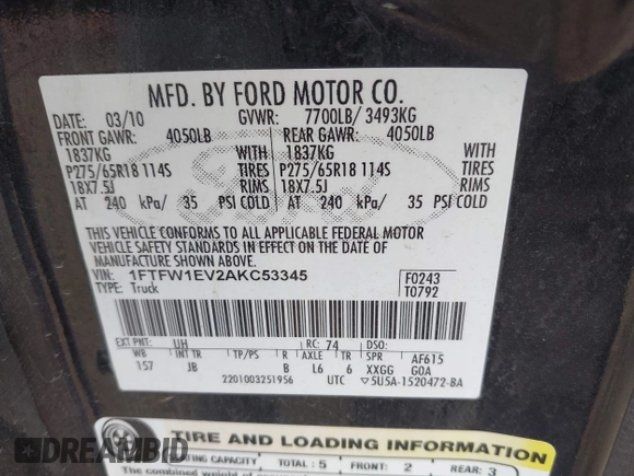 2010 Ford F-150 XL with VIN 1FTFW1EV2AKC53345, listed as a IAAI auction lot 41925086 with 218,833 mi miles and . Bid and sale history available at DreamBid. Image 9.